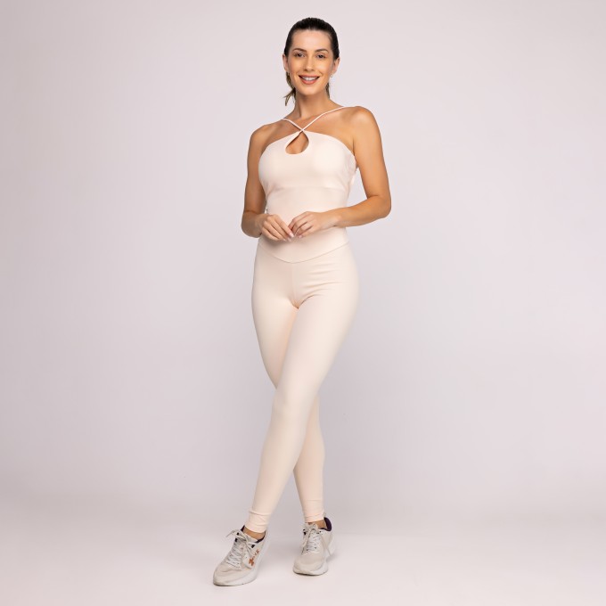 Macacão Longo Feminino Fitness Compressão Decote Cruzado Frente