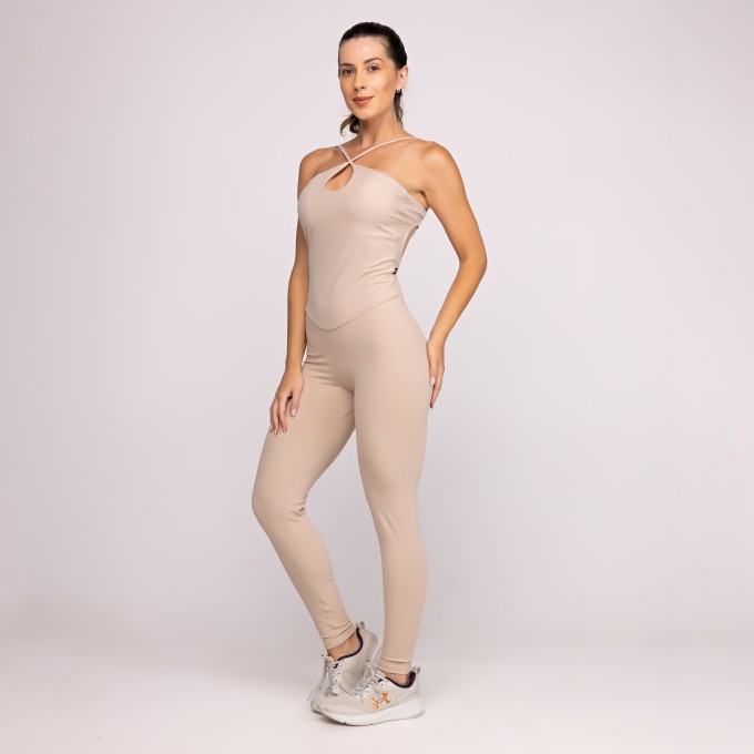 Macacão Longo Feminino Fitness Compressão Decote Cruzado Frente