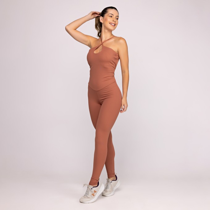 Macacão Longo Feminino Fitness Compressão Decote Cruzado Frente