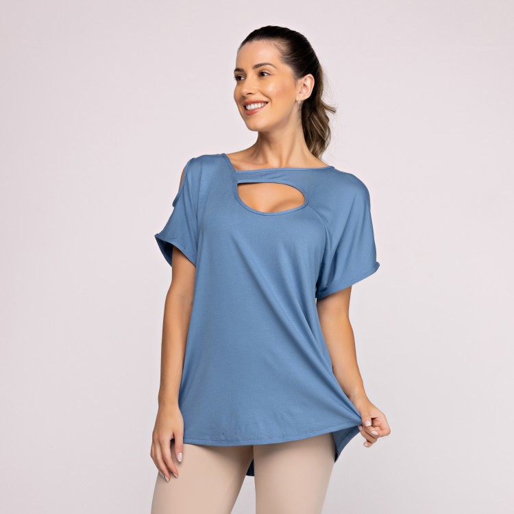 Blusa Feminina Manga Curta Decote Detalhe Ombro