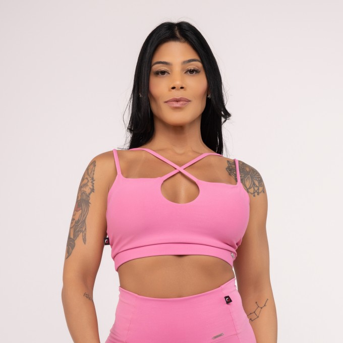 Top Fitness Feminino com Recorte Frontal e Alças Duplas Poliamida