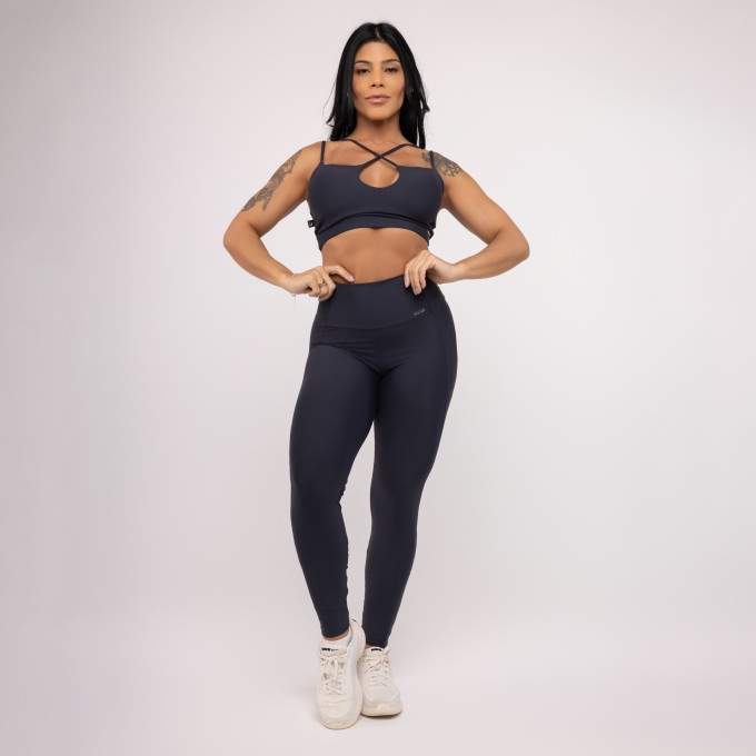 Conjunto Legging Fitness Feminina Alta + Top Tiras Alça Dupla