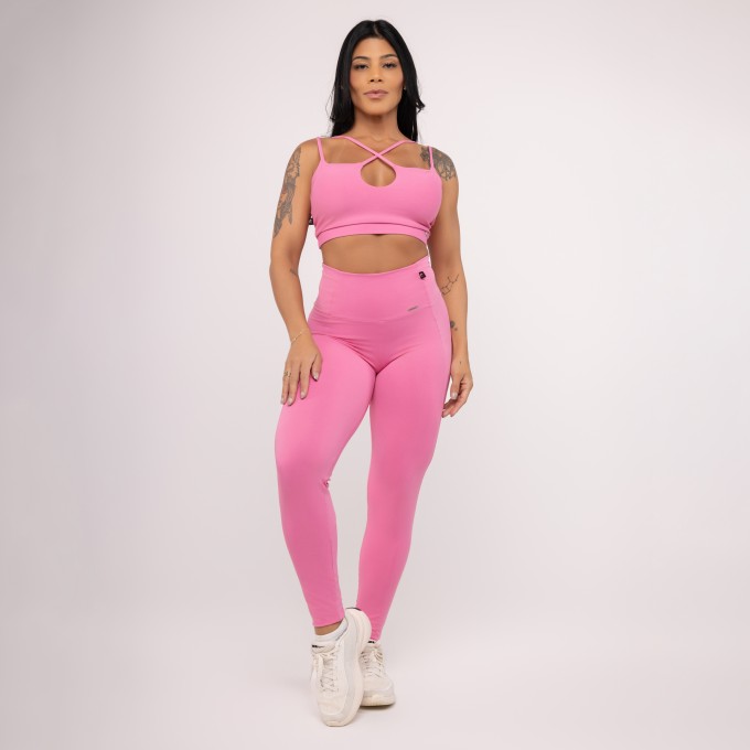 Conjunto Legging Fitness Feminina Alta + Top Tiras Alça Dupla