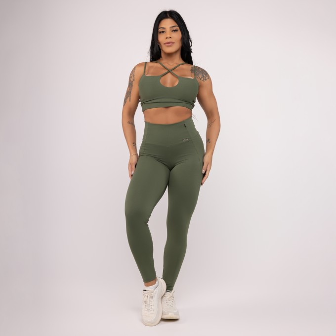 Conjunto Legging Fitness Feminina Alta + Top Tiras Alça Dupla