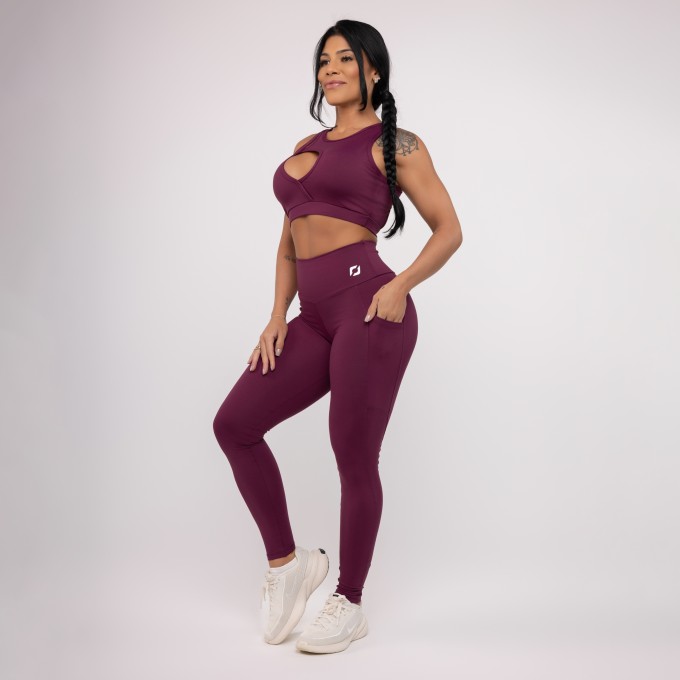Conjunto Fitness Feminino Legging Bolsos + Top Gota Poliamida