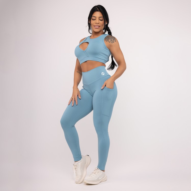 Conjunto Fitness Feminino Legging Bolsos + Top Gota Poliamida