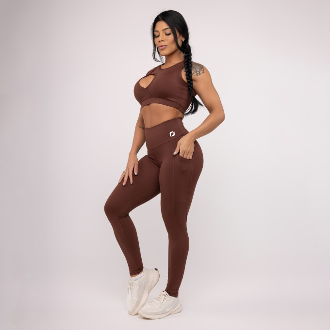 Conjunto Fitness Feminino Legging Bolsos + Top Gota Poliamida