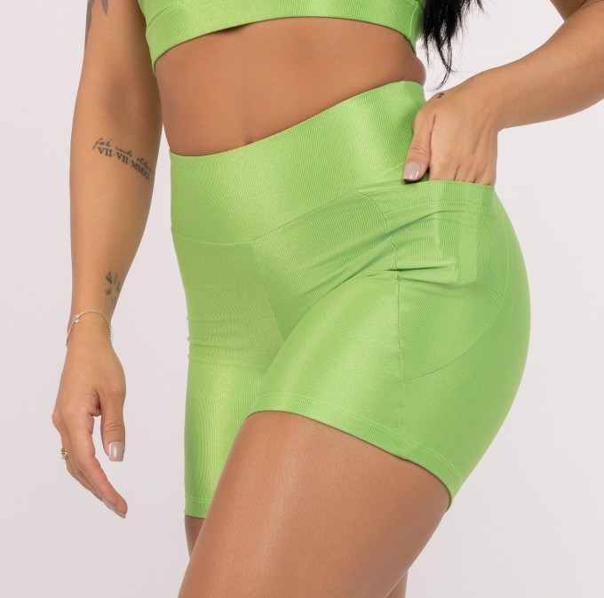 Shor Feminino Fitness Cintura Alta Bolso Poliamida Compressão