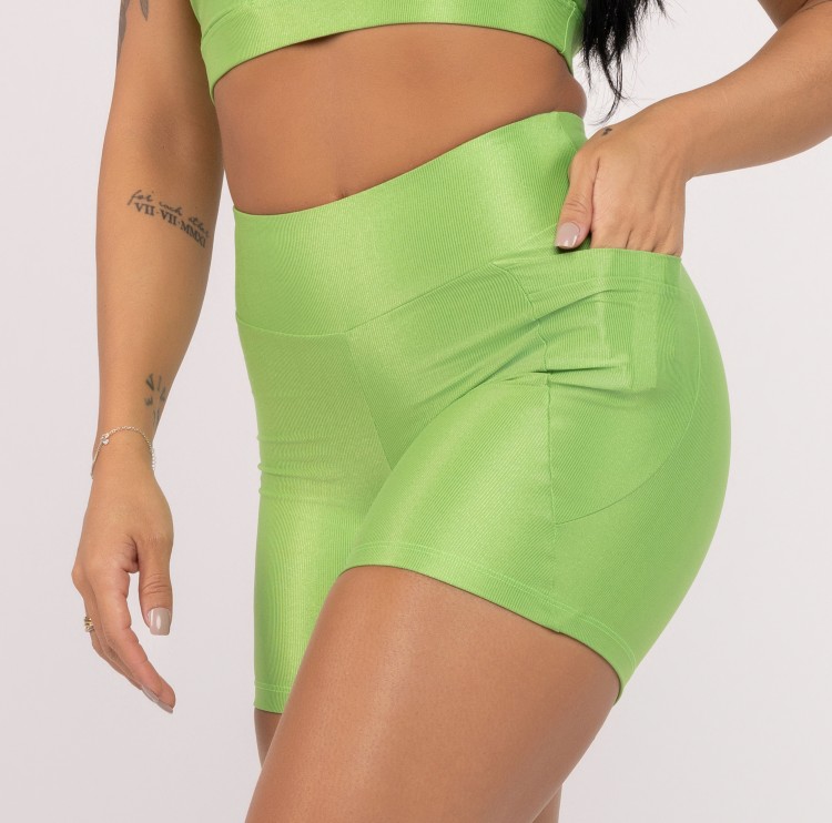 Shor Feminino Fitness Cintura Alta Bolso Poliamida Compressão