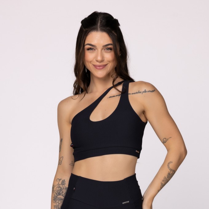 Top Fitness Feminino Um Ombro Poliamida  Textura Canelada