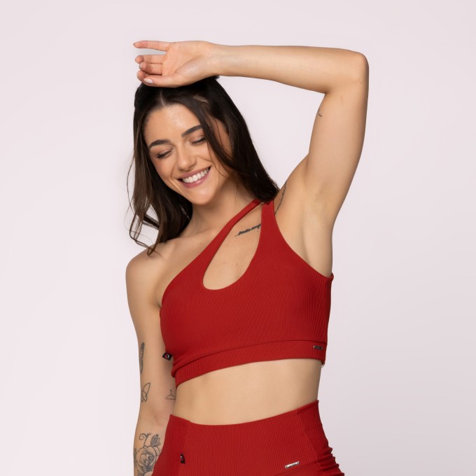 Top Fitness Feminino Um Ombro Poliamida  Textura Canelada