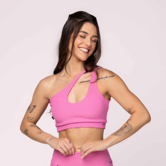 Top Fitness Feminino Um Ombro Poliamida  Textura Canelada