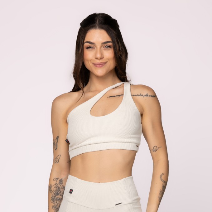 Top Fitness Feminino Um Ombro Poliamida  Textura Canelada
