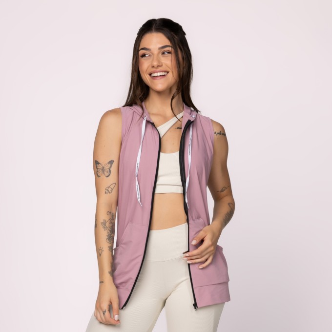 Colete Curto Feminino Leve com Zíper Capuz e Bolso Poliamida