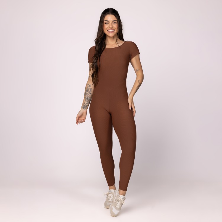 Macacão Fitness Feminino Longo Manga Canelado Zero Transparência Bojo