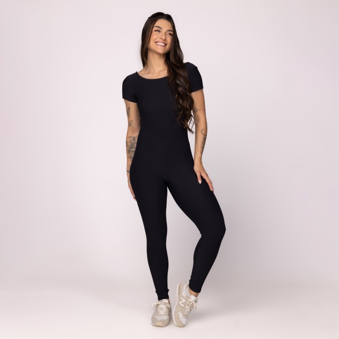 Macacão Fitness Feminino Longo Manga Canelado Zero Transparência Bojo
