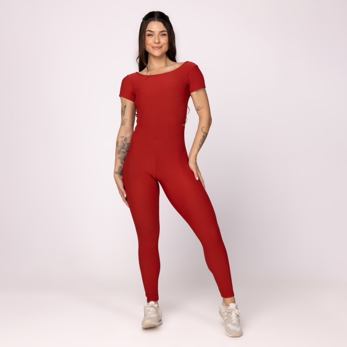 Macacão Fitness Feminino Longo Manga Canelado Zero Transparência Bojo