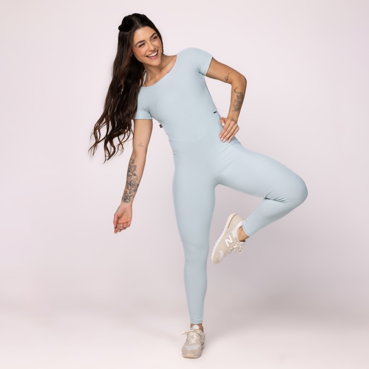 Macacão Fitness Feminino Longo Manga Canelado Zero Transparência Bojo