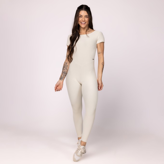 Macacão Fitness Feminino Longo Manga Canelado Zero Transparência Bojo