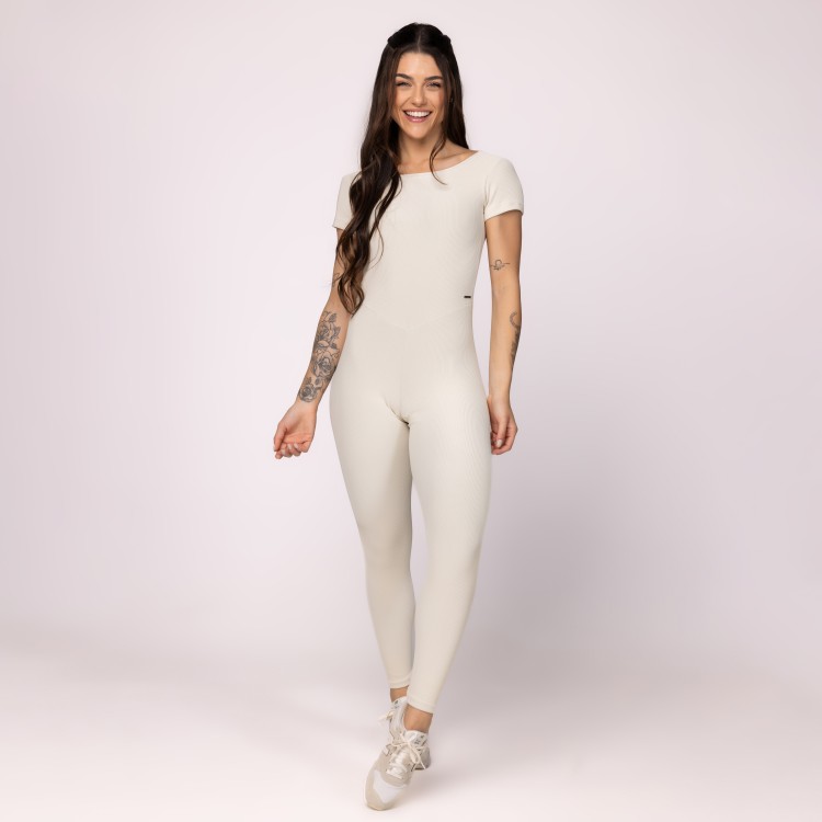 Macacão Fitness Feminino Longo Manga Canelado Zero Transparência Bojo
