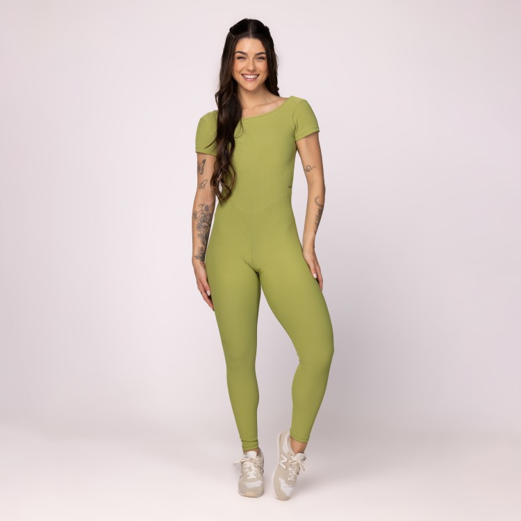 Macacão Fitness Feminino Longo Manga Canelado Zero Transparência Bojo