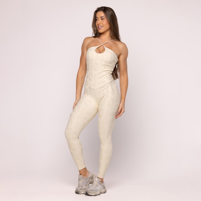 Macacão Longo Feminino Fitness Textura Decote Cruzado Frente