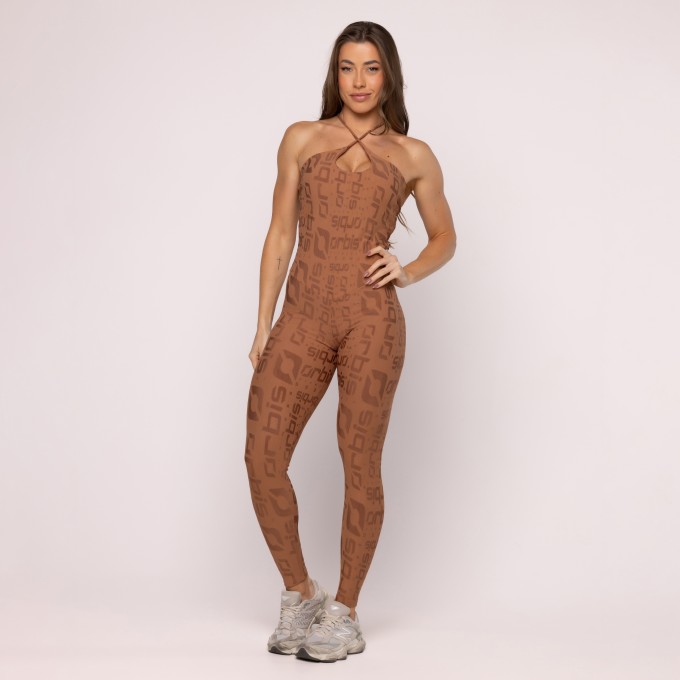 Macacão Longo Feminino Fitness Textura Decote Cruzado Frente