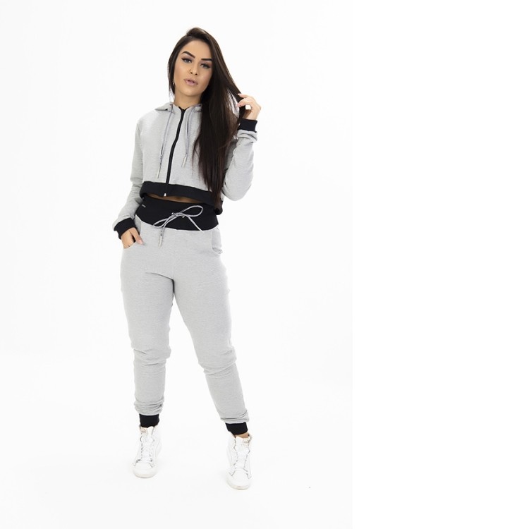Conjunto Moletom Calça Bolsos E Cropped Zíper e Capuz