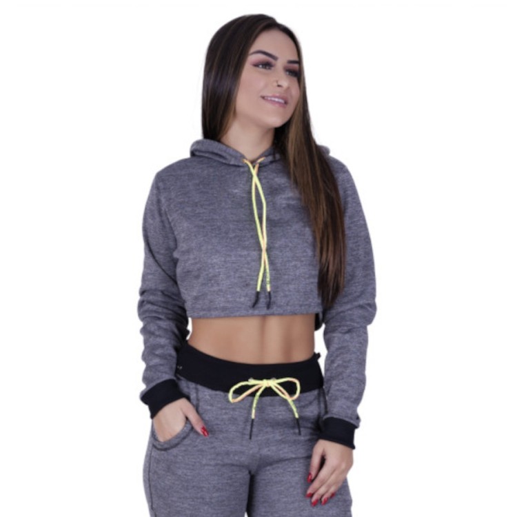 Cropped Feminino Moletom Felpudo Manga Longa Com Capuz Orbis