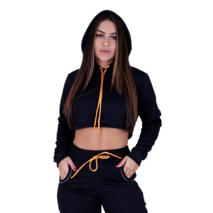 Cropped Feminino Moletom Felpudo Manga Longa Com Capuz Orbis