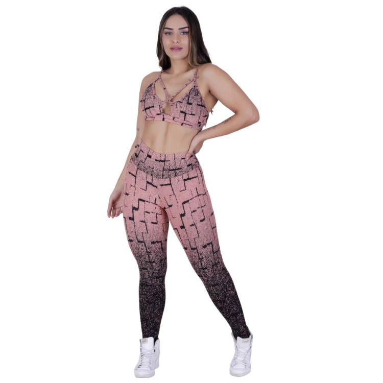 Conjunto fitness feminino calça legging + top tiras poliamida