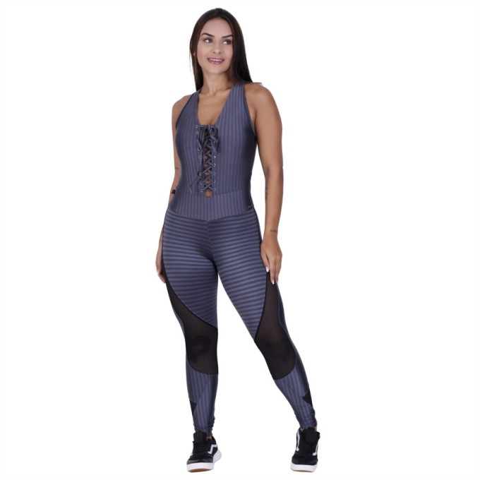 Macacão Fitness Bojo Decote Trançado Detalhe Tela Orbi