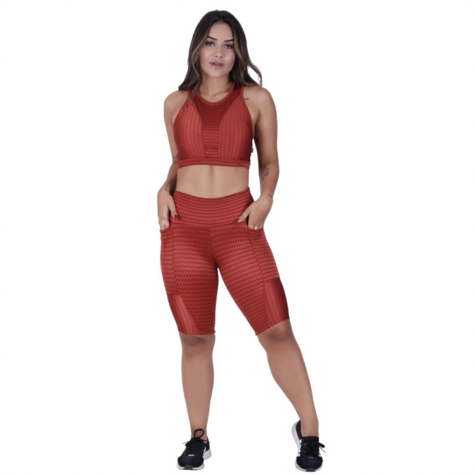 Bermuda Fitness Bolso Cós Alto Cirre Textura Brilho Orb