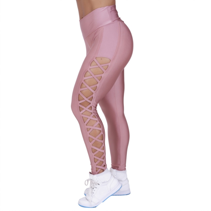 Legging Fitness Femininas Tiras Lateral Cós Alto Cirrê Liso Orbis