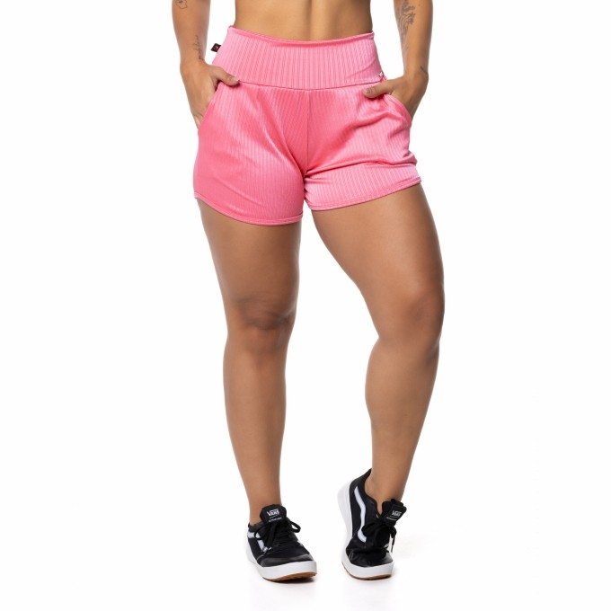Short Fitness Feminino Poliamida Cirrê Canelado Cós Alto