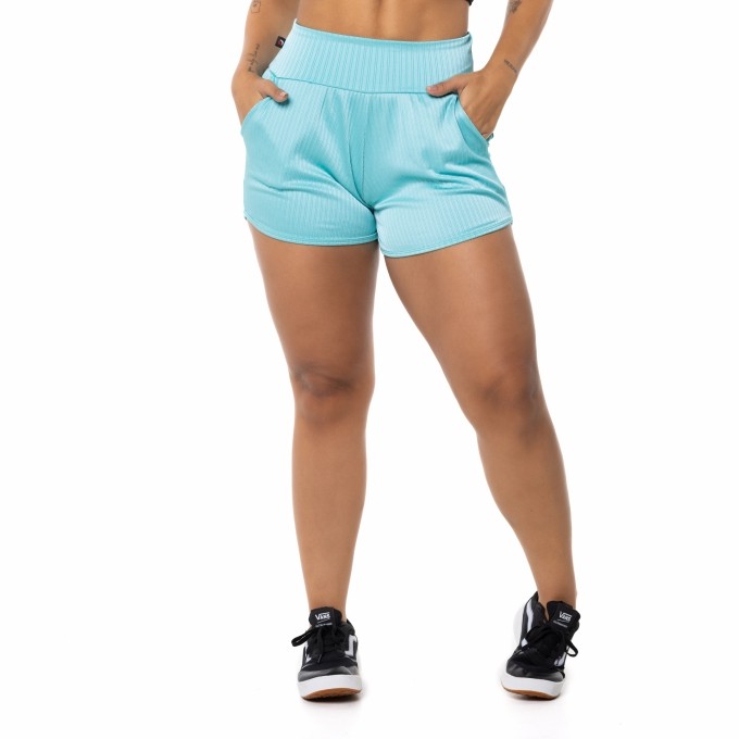Short Fitness Feminino Poliamida Cirrê Canelado Cós Alto