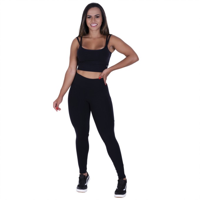 Conjunto Fitness Calça Legging Bolso Lateral + Top Cami