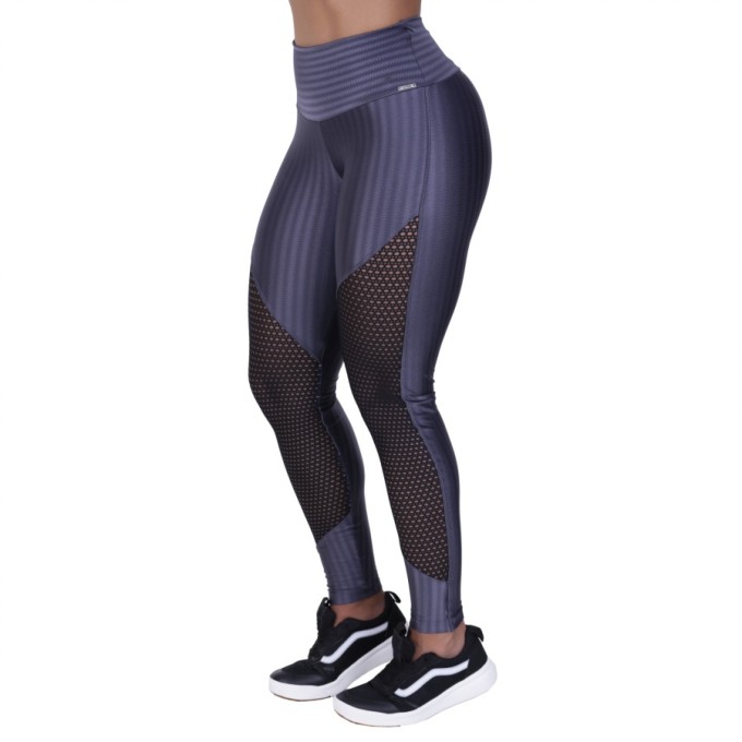 Calça Legging Fitness Cirrê 3D Recortes Tela Cós Alto