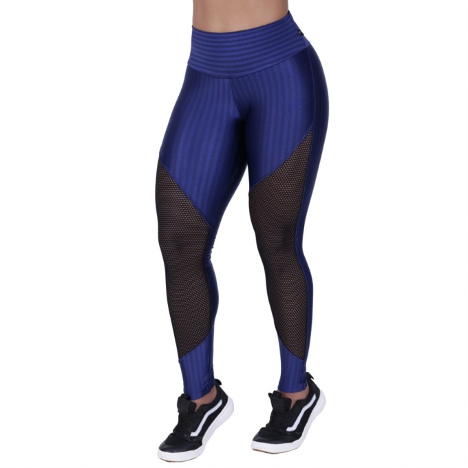 Calça Legging Fitness Cirrê 3D Recortes Tela Cós Alto