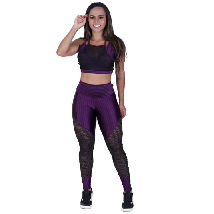 Conjunto Fitness Legging Recortes Tela + Top Frente Úni