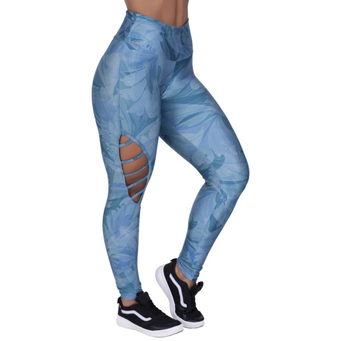 Calça Legging Feminina Cirrê Estampado Detalhe Perna Poliamida