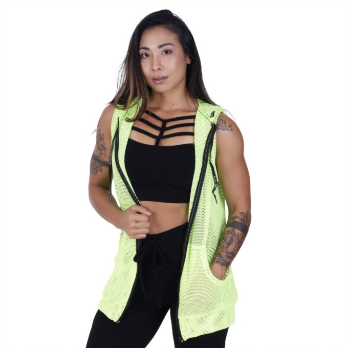 Colete Tela Furos Neon Esportivo Zíper Capuz e Bolso