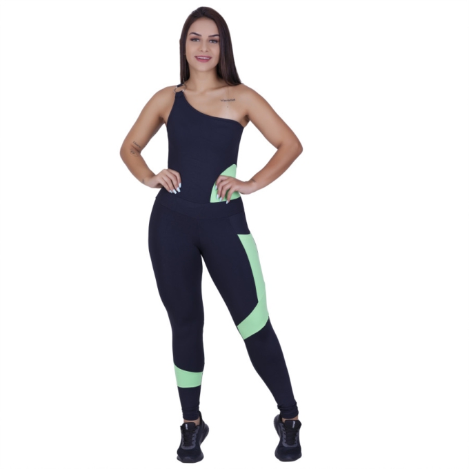 Macacão Fitness Um Ombro Suplex Recortes E Bolso