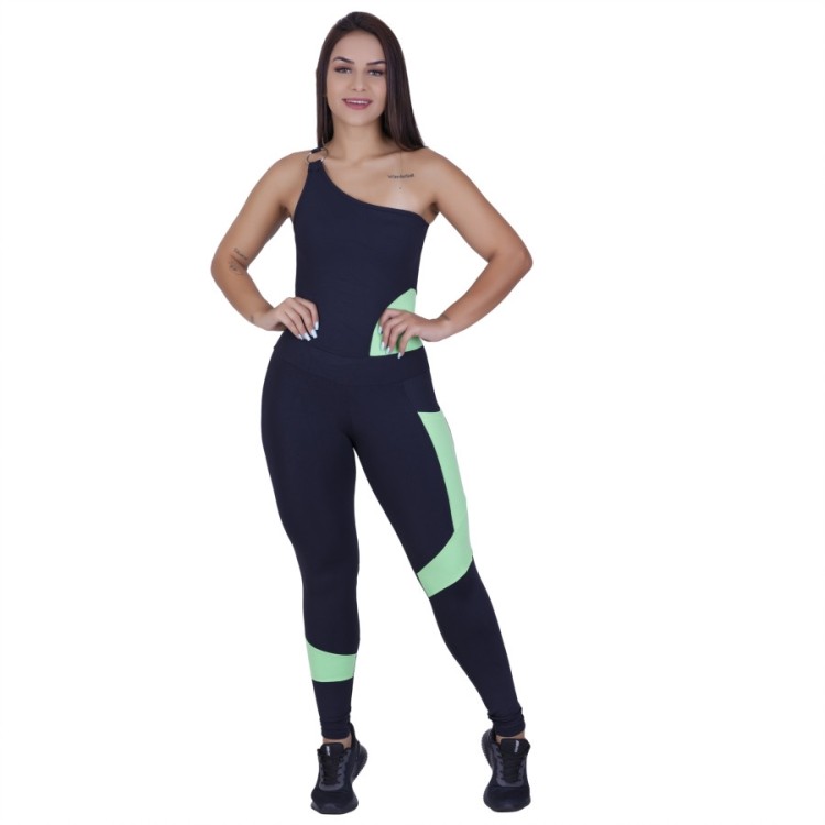 Macacão Fitness Um Ombro Suplex Recortes E Bolso